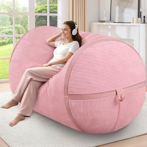 HABUTWAY Bean Bag Chair, 5FT Giant Bean Bag Chair with Memory Foam, Ultra-Soft Corduroy Cover & Zipper Design, Portable Handle – Comfy Bean Bag Sofa for Living Room, Bedroom, No Assembly - Pink - Image 1