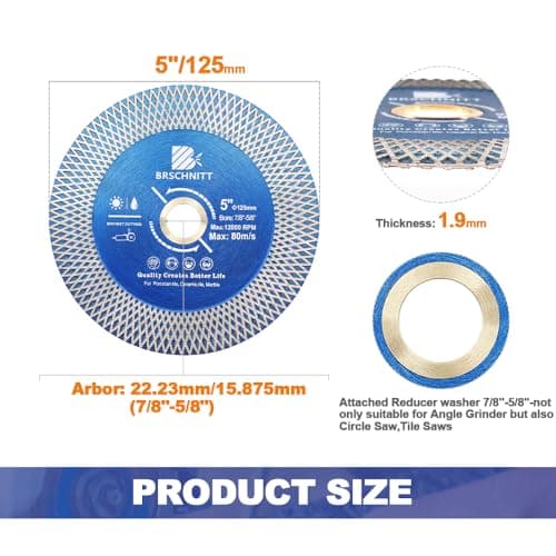 Diamond Porcelain Tile Saw Blade - BRSCHNITT 5" Super Thin Diamond Cutting Grinding Disc with X Teeth Arbor 7/8“-5/8“ for Ceramic Tiles,Granite,Marble Angle Grinder Circle Saw Blade - Thumbnail 2