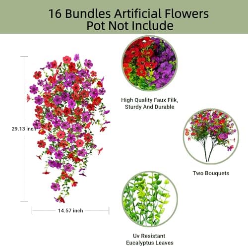 UV Resistant Artificial Hanging Flowers Outdoor Decor - 2 Pack Fake Hanging Plants with Silk Daisies for Spring Summer, No Fade Faux Flowers for Planter, Front Door, Porch, Patio, Garden, Yard - Thumbnail 2