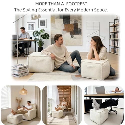 Ottoman Foot Rest Square Pouf with Side Handles - Soft Fabric with Storage, Easy to Move for Living Room, Home Decor & Daily Lounging,A Square Modern Foam Filled Foot Stool Perfect to Rest Your Feet - Thumbnail 4