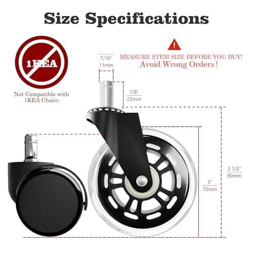 Office Chair Wheels Replacement,3" Rubber Casters 7/16" Stem,Universal fit for Most Rolling/Gaming Chairs,Floor Protection for Carpet/Hardwood/Tile,Smooth&Quiet Rolling, Set of 5 (Transparent) - Thumbnail 3