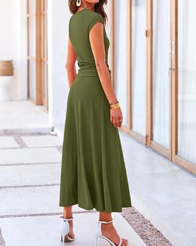 BTFBM Summer Outfits For Women 2026 Two Piece Sets Casual Crew Neck Short Sleeve Cropped Spring Tops Midi Skirt Lounge Set(Army Green, Large) - Thumbnail 3
