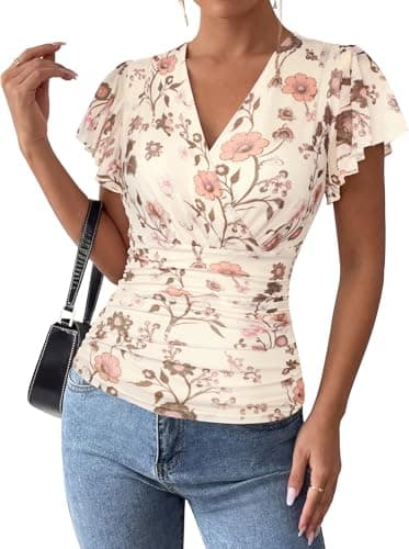 GRACE KARIN 2026 Womens Mesh Tops Summer Ruffle Sleeve Dressy Casual Top Floral Wrap Blouse Fashion Outfits Beige S - Image 1