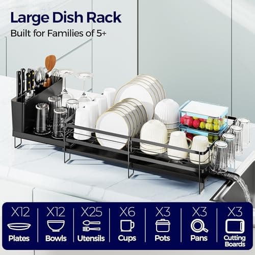 Pantasia Large Dish Drying Rack, Expandable Dish Rack for Kitchen Counter, Dish Drainer with Drainboard Set, Multifunctional Dishrack with Utensil & Cup Holder, 13.4"-28.7" L x 11.8" W x 7.8" H, Black - Thumbnail 3
