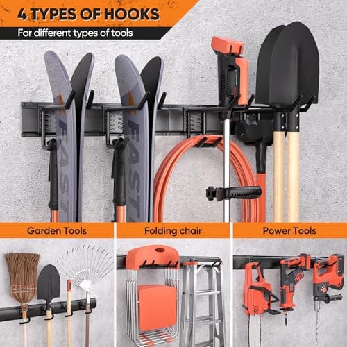 Garden Tool Organizer Wall Mount, 48 inches Tool Storage Rack with Adjustable Hooks, 600lbs Adjustable Heavy Duty Metal Hooks, Yard Shed Rack Holder System Hanging Rake Broom Mop, Father's day gifts - Thumbnail 6