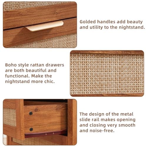 LEYAOYAO 31.5" Wide Rattan Night Stand, Oversized Large Boho Nightstand with 2 Drawer, Tea Brown Bed Side End Tables with Storage Shelf, Tall Bedside Table for Bedroom Living Room, Hallway - Thumbnail 4