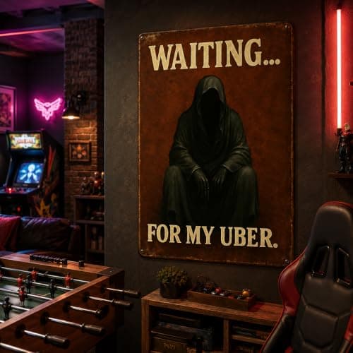 Gothic Decor Retro Metal Tin Sign Waiting for My UBER Grim Reaper Horror Wall Decor, Skull Decor Halloween Decorations for Home Bar Pub Garage, Witchy Decor Book Shelf Dark Academia 8x12 Inch - Thumbnail 2