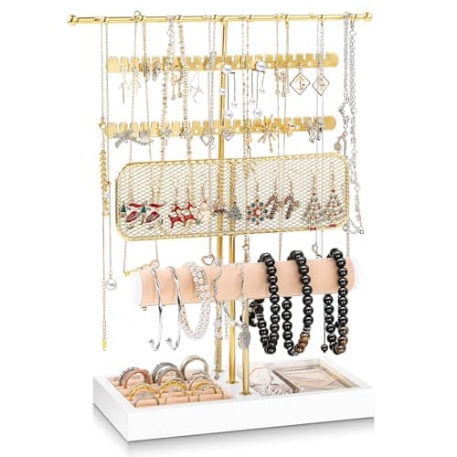 Dntorx 3 Tier Jewelry Stand Holder Organizer, Jewelry Holder Storage Display T Bar Beige Velvet Bracelet Holder Jewelry Tower for Necklace, Earrings, Bracelet, Rings, Watches - Image 1
