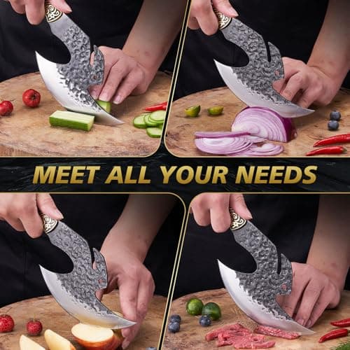 Topfeel Hand Forged Viking Knife 6.2" Meat Cleaver with Sheath, Chinese Kitchen Axe Boning Knife for Meat Cutting, High Carbon Steel Butcher Knife Home Outdoor BBQ Camping Birthday Gifts for Men Dad - Thumbnail 4