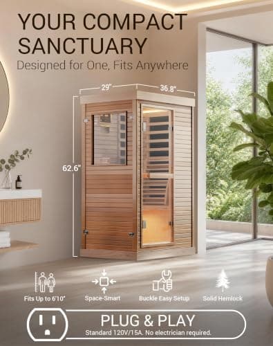 Mikolo 1 Person Far Infrared Sauna for Home | Ultra-Low EMF Indoor Dry Sauna | Solid Canadian Hemlock with 5 Carbon Heaters | Chromotherapy Light Therapy & Bluetooth for Wellness and Relaxation - Thumbnail 5