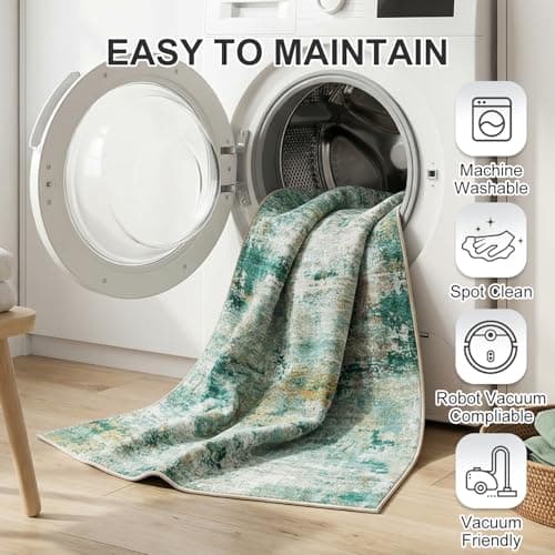 Cnythlis 3'x5' Abstract Distressed Area Rug, Washabele Rugs Modern Contemporary, Soft Low-Pile Carpet for Living Room, Bedroom, Dining Room, Office | Stain-Resistant & Non-Slip, Sage Green - Thumbnail 5