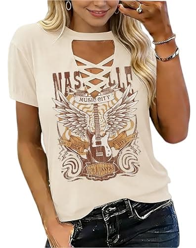 Nashville Music City T-Shirt Cross-Over Perforated T-Shirt Country Music with Retro Guitar Wings Pattern V-Neck T-Shirt(Apricot color1,XXL) - Image 1