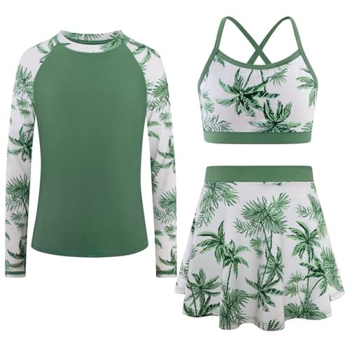 Seanrui Girls Swimsuit Size 7 Rash Guard for Girls 3 Piece Bathing Suit with Long Sleeve Swim Shirts White Palm - Image 1