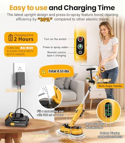 qimedo 6000mAh Battery Cordless Electric Mop M3 Pro, 800RPM Electric Power Scrubber & Mops for Floor Cleaning, Automatic Spin Mops with Smart Display,Rotating Mop with LED Light & Water Spray - Thumbnail 5