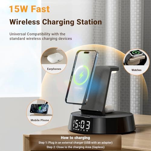 Alarm Clock with Wireless Charging Station, Clock for Bedroom with Dimmable Night Light Bluetooth Speaker, Wireless Charger Dock Station for iPhone 17 16 15 14 13 12 Pro Max, Apple Watch, AirPods Pro - Thumbnail 4