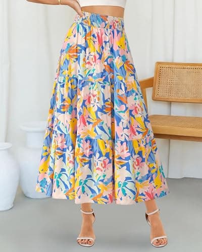 BTFBM Skirts for Women Summer 2026 Floral Print A Line Elastic High Waist Boho Maxi Skirt Spring Fashion Clothing Pocket(Floral Multicolour, X-Large) - Thumbnail 2