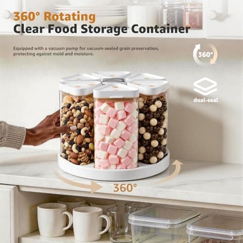 Slow Slog Rotating Grain Dispenser with Manual Vacuum Pump - 6-Grid Vacuum-Storage Canister Set, Food Storage Bins for Cereal, Rice, Beans & Bulk Dry Food Pantry Organization - Thumbnail 5