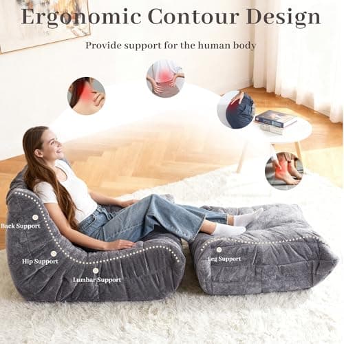 Kasunpul Bean Bag Ottoman, Memory Foam Lazy Bean Bag Sofa, Foot Rest Fireside Chair for Living Room, Bedroom, Dorm, Office(Dark Grey) - Thumbnail 5