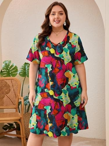 AusLook Plus Size Midi Dress for Women Multicolored 4X Short Sleeve V Neck Criss Cross A Line Summer Casual Vacation Dress T-Shirt 2026 Sundresses with Pockets - Thumbnail 4