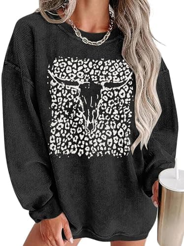 UNIQUEONE Boho Cow Skull Sweatshirt Women: Cowgirl Sweater Vintage Western Rodeo Graphic Tee Country Concert Outfits Pullover Gray - Image 1