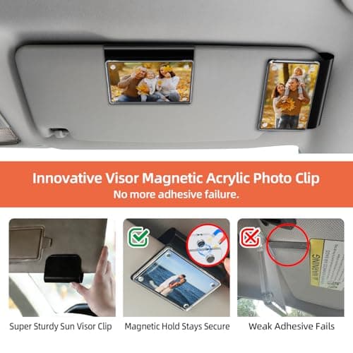 Car Picture Holder 2 Pack Magnetic Snap-On Sun Visor Photo Clip for Crystal-Clear Acrylic Frame for Family, Pets, Travel Pictures Car Decor Personalized Anniversary Accessories Gifts for Men Women - Thumbnail 3
