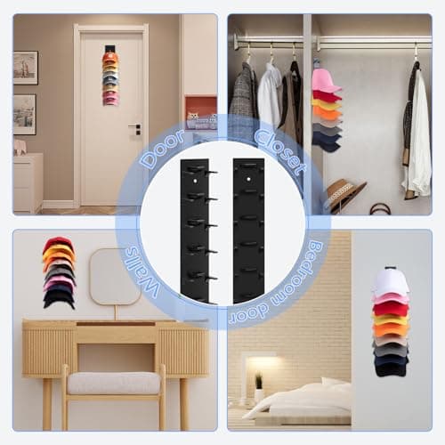Hat Organizer for Baseball Caps, 2 Pack Hat Rack for Wall Hold up to 18 Hats Strong Adhesive Hat Hooks Stand Multilayer Hat Hanger Organizer Storage Holder Display for Door Closet Bedroom（Black) - Thumbnail 6