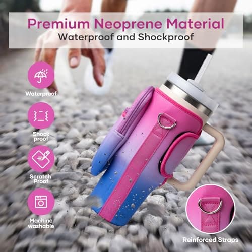 linmaya Water Bottle Carrier Bag for Stanley Cup 40/30oz with Phone Holder Pockets,Neoprene Water Bottle Cross-body Bag with Adjustable Shoulder & Hand Strap Stanley Cup Accessories - Thumbnail 6