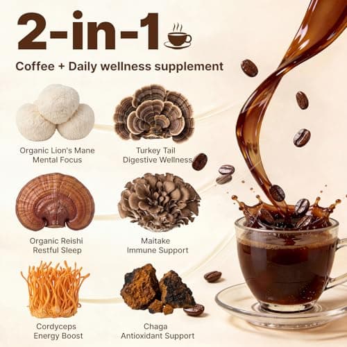 Instant Mushroom Coffee, Single Serve Postum Coffee Alternative (Low Caffeine, Sugar Free) Powder with Organic Lions Mane & Reishi for Better Energy, Focus, Digestion, Immunity, No Jitters, 30 Packets - Thumbnail 4