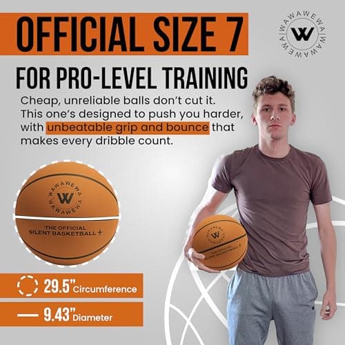WAWAWEWA The Official Silent Basketball Size 7 (29.5") - Grooved Airless Indoor Basketball for Quiet Dribbling and Indoor Training - Real Feel PU Foam Ball - Thumbnail 4