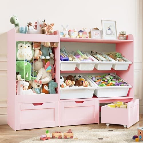VortinT 50.6" W Large Toy Organizer, Kids Toy Storage with Stuffed Animal Holder, 6 Removable Plastic Bins, 3 Rolling Boxes, Wooden Toddler Bookshelf Organization for Kids Room, Living Room(Pink) - Image 1