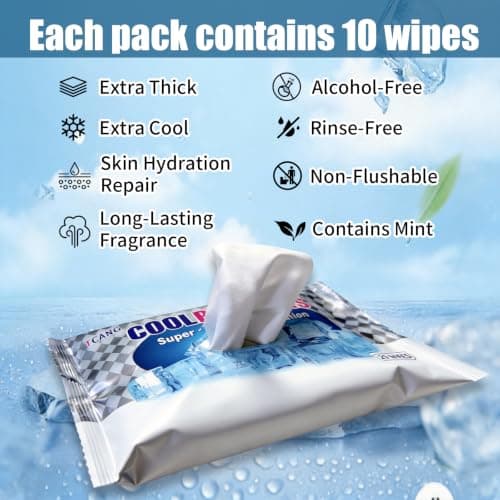 Cooling Face Body Wipes - 10 Packs of 10 (100 Wipes) - Disposable Individually Wrapped No-Rinse Cooling Towels, Extra-Thick Oversized Body Cleansing Wipes for Sports, Travel, Camping in Hot Weather - Thumbnail 3