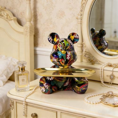 Coniuty Hypebeast Graffiti Bear Sculpture with Tray for Candy and Accessory, Resin Animal Statue Home Decor for Living Room, Office on Table, Shelf and Cabinet (B) - Thumbnail 3