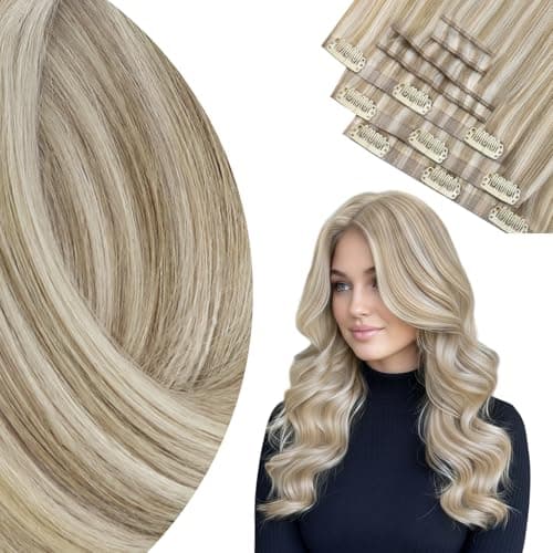 Ve Sunny Genius Hair Extensions Clip in Human Hair Dark Blonde Highlights Golden Blonde Hair Extensions Real Human Hair Seamless Invisible Remy Clip in Extensions 7pcs 18 inch 120g - Image 1