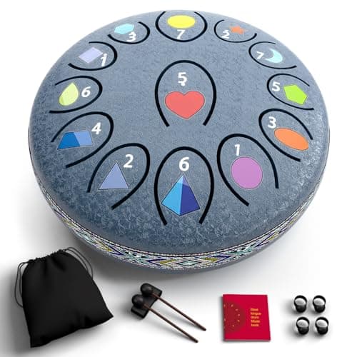 REGIS Rain Drum for Outside Garden, 6.8 Inches 13 Notes Steel Tongue Drum, Waterproof Meditation Rain Chime, UV-Printed Notes & Geometric Design, with Bag, Mallets & Music Book(Navy)
