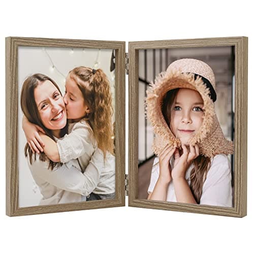 ORIVAN 5x7 Double Picture Frames Hinged Folding Photo Frames Vertical Stand Frames (Wood Grain) - Image 1
