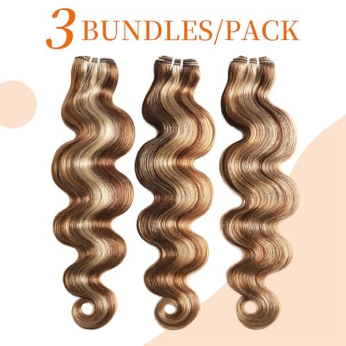 Highlight Bundles Human Hair Body Wave Virgin Hair Extensions With Brown/Blonde 3 Tones Highlights 3 Bundles/Pack 16 18 20 Inch 100g/Bundle - Thumbnail 5