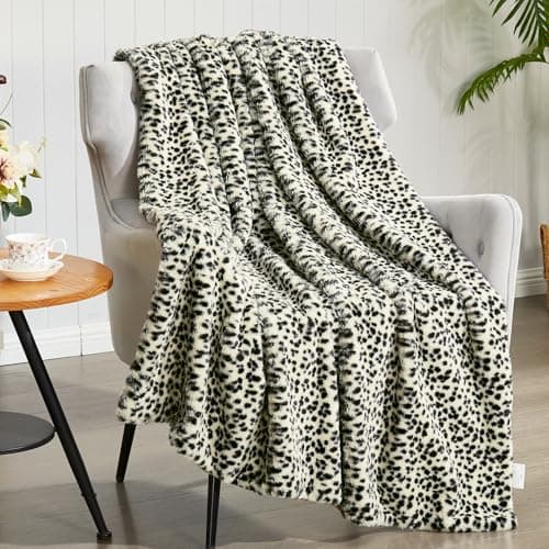 JONIYEAR Soft White Snow Leopard Faux Rabbit Fur Blanket Twin Size 60" x 70",Oversized Luxe Cozy Fluffy Cheetah Blankets for Sofa,Reversible Fuzzy Warm Animal Printed Blanket for Women Winter,Washable - Thumbnail 4