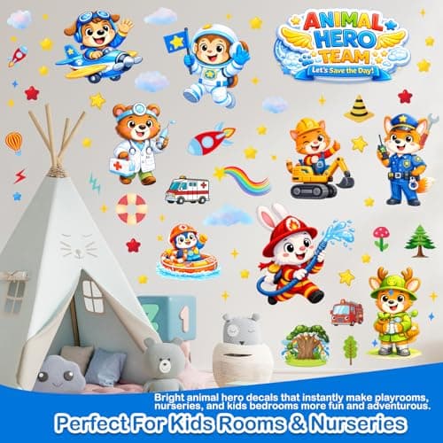 Animal Wall Stickers Decals, Animal Hero Team/Forest/Star/Cloud Wall Stickers for Kids Baby Boys, 134 Piece UV PVC DIY Removable Reusable Jungle Animal Wall Decals Stickers for Nursery Classroom - Thumbnail 2