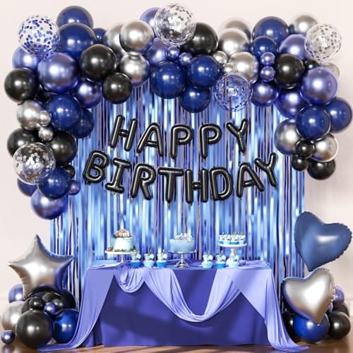 Navy Blue and Black Birthday Decorations for Men, Metallic Navy Blue Black Silver Foil Confetti Balloons Happy Birthday Banner Fringe Curtains Birthday Decorations for Boy Girls Women Men - Image 1