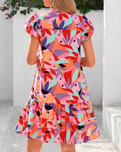 dowerme Womens Summer Dresses 2026 Puffy Sleeve V Neck Loose Floral Print A Line Boho Mini Babydoll Dress with Pockets(Red,XX-Large) - Thumbnail 5