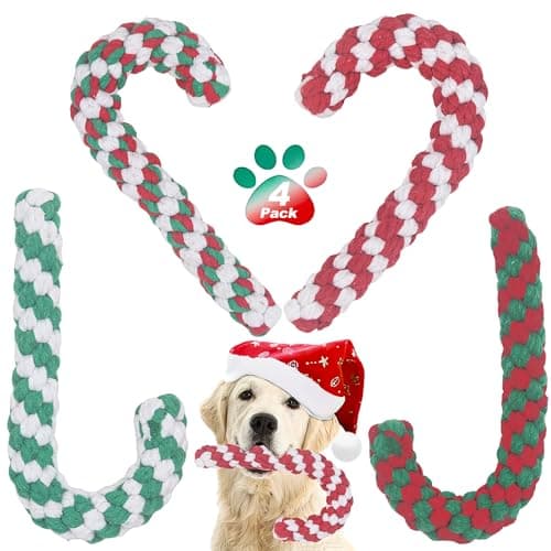 Onwoli Christmas Dog Rope Toys, Christmas Cane Candy Rope Toy, 4 Packs Dog Interactive Chewing Toys for Puppy Small Medium Dogs Training Playing Teething Cleaning, for Dogs