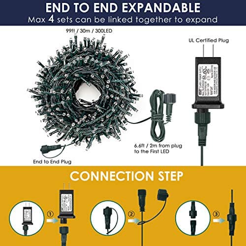 Decute 300LED Christmas String Lights Outdoor Waterproof 105FT UL Certified with End-to-End Plug 8 Modes, Cool White Indoor Starry Fairy Lights for Christmas Tree Patio Garden Wedding Party Decor - Thumbnail 4