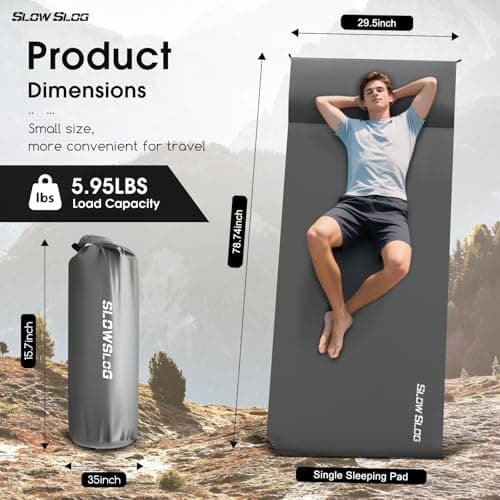 Slow Slog 4in Foam Camping Mattress with Built-in Pillow, Self-Inflating Single Sleeping Pad Includes Pump Sack, All-Season Portable Pad for Camping and Backpacking, Gray - Thumbnail 3