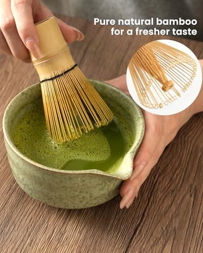 Matcha Whisk Set Ceramic Matcha Kit Set Includes Matcha Bowl, Matcha Whisk and Holder, Bamboo Scoop, Scoop Rest, Sifter and Tea Towel - 7 Pcs Matcha Kit for Matcha Lovers (Matcha Green) - Thumbnail 6