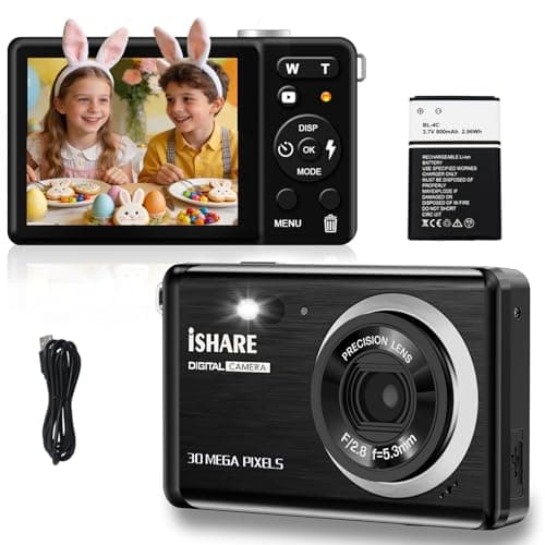 ISHARE Digital Camera 30MP FHD 1080P Point and Shoot Camera with 2.8" LCD 18X Digital Zoom, 32GB SD Card 2 Batteries, Compact Rechargeable Kids Camera for Teens Students Seniors Vlogging (Black) - Image 1