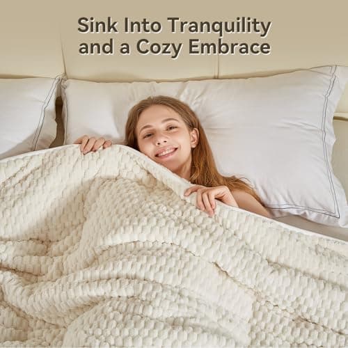 Weighted Blanket Queen Size for Adults,15lbs Jacquard Sherpa Heavy Blanket for Calming and Relax, Dual Sided Ultra Soft Fuzzy Throw Blanket with Glass Beads, 48" x 72", Cream White - Thumbnail 3