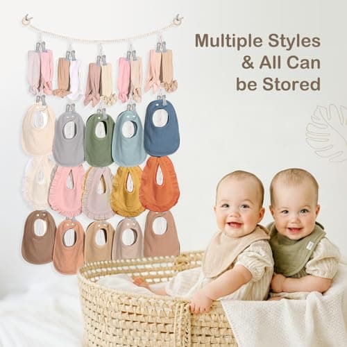 MOFASVIGI Headband Holder Baby Bibs Holder, Pacifier Clip Organizer Cotton Neutral Bandana Burp Cloths Storage Hanging Wall Decor for Newborn Girls and Boys Room - Thumbnail 2