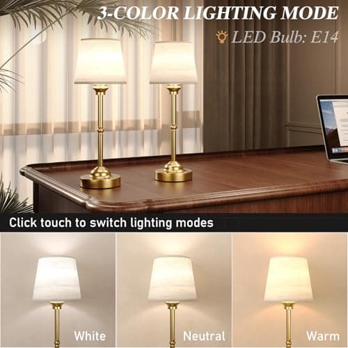 CHLORANTHUS 2 Pack Cordless Table Lamps, 3 Colors Stepless Dimming Fabric Desk Lamp, 6000mAh Rechargeable Battery LED Desk Lamp, Touch Night Light for Bedroom, Dining, Desk, Cafe - Thumbnail 4