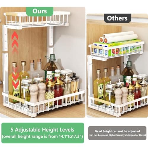 Merrylun Under Sink Organizers,5 Adjustable Height，Metal Pull Out Under Sink Organizers and Storage Shelves with Sliding Drawer (White, 2 pack) - Thumbnail 4