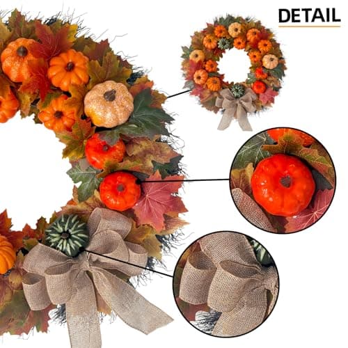 HipTree 20 Inch Fall Wreath for Front Door, Rustic Farmhouse Artificial Wreath with Plastic Pumpkins Maple Leaves Burlap Bow, Halloween Thanksgiving Harvest Decor for Porch Wall Indoor Outdoor - Thumbnail 2